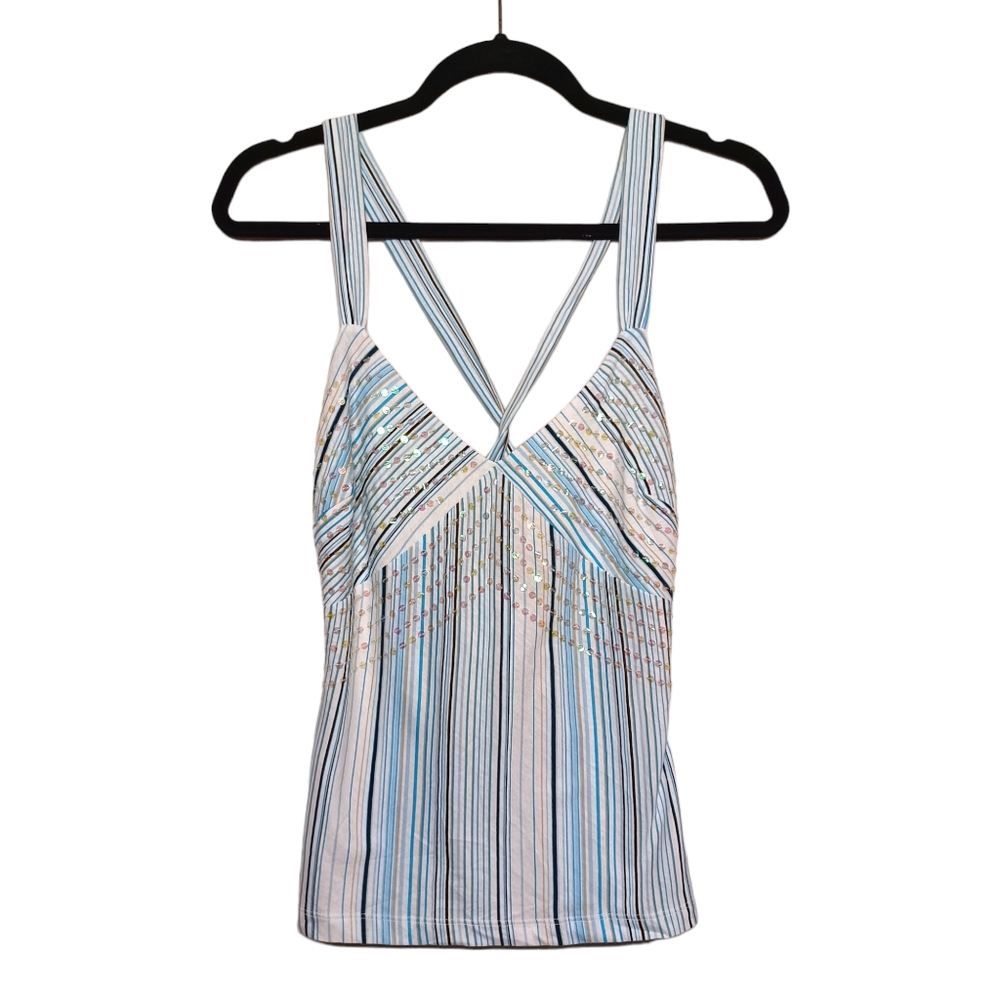 NEW YORK & CO Top Blue Tan Stripe Print Sequin Sleeveless Criss Cross Back NWT - Picture 2 of 7